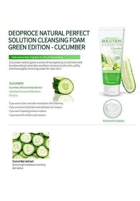 Deoproce Natural Perfect Solution Cleansing Foam Cucumber, Rice -180Ml - Palace Beauty Galleria